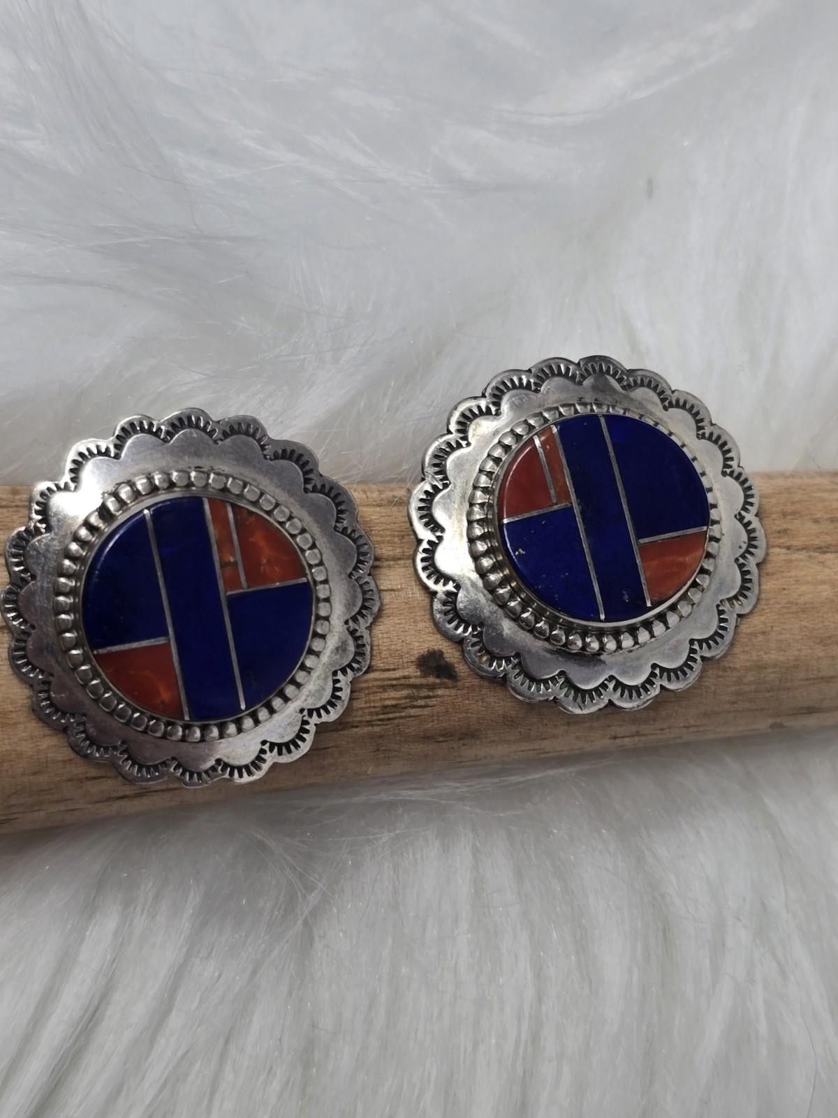 TED LAPIDUS Navajo Inlay Sterling Earrings Lapis Coral Molly Lincoln Size ONE SIZE - 5 Thumbnail