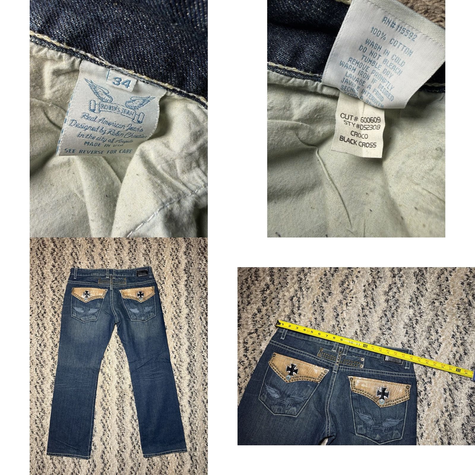 Vintage VINTAGE Robin’s Jeans Jeans Mens 34x32 5-Pocket Straight Crocodile Pocket Stud Iron Cross Y2K RARE Blue Denim Size US 34 / EU 50 - 8 Thumbnail