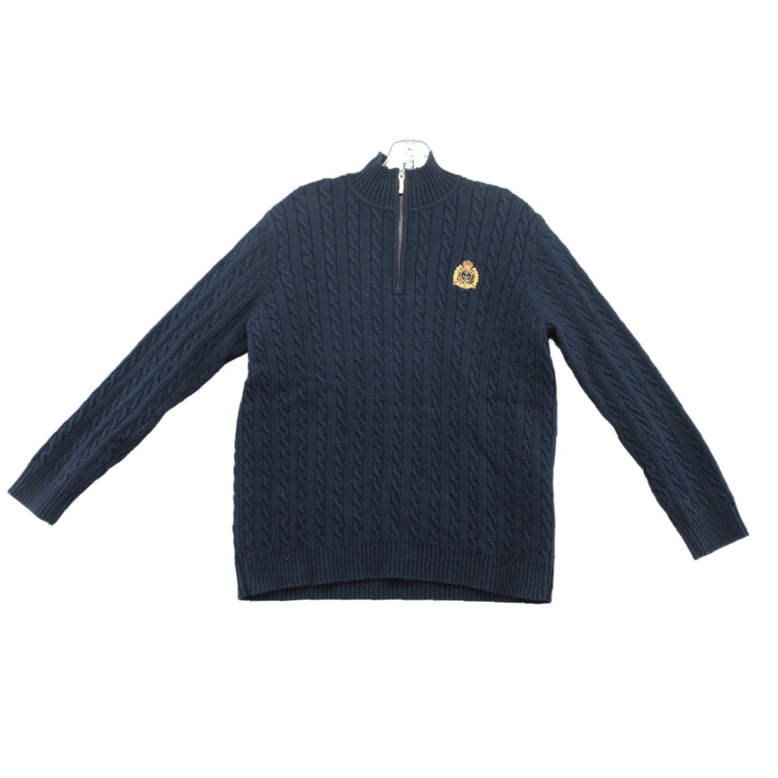 Ralph Lauren VINTAGE Lauren Ralph Lauren Sweater Women Large Blue Crest Logo 1/4 Zip Cable Knit 90s Preppy Women Size L / US 10 / IT 46 - 1 Thumbnail