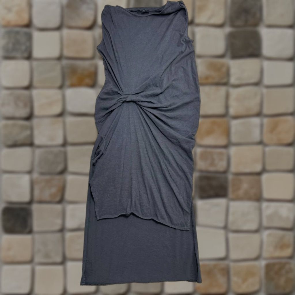 Allsaints Riviera Devo Gathered Jersey Dress Womens Medium Gray Asymmetrical Hem Maxi Fashion