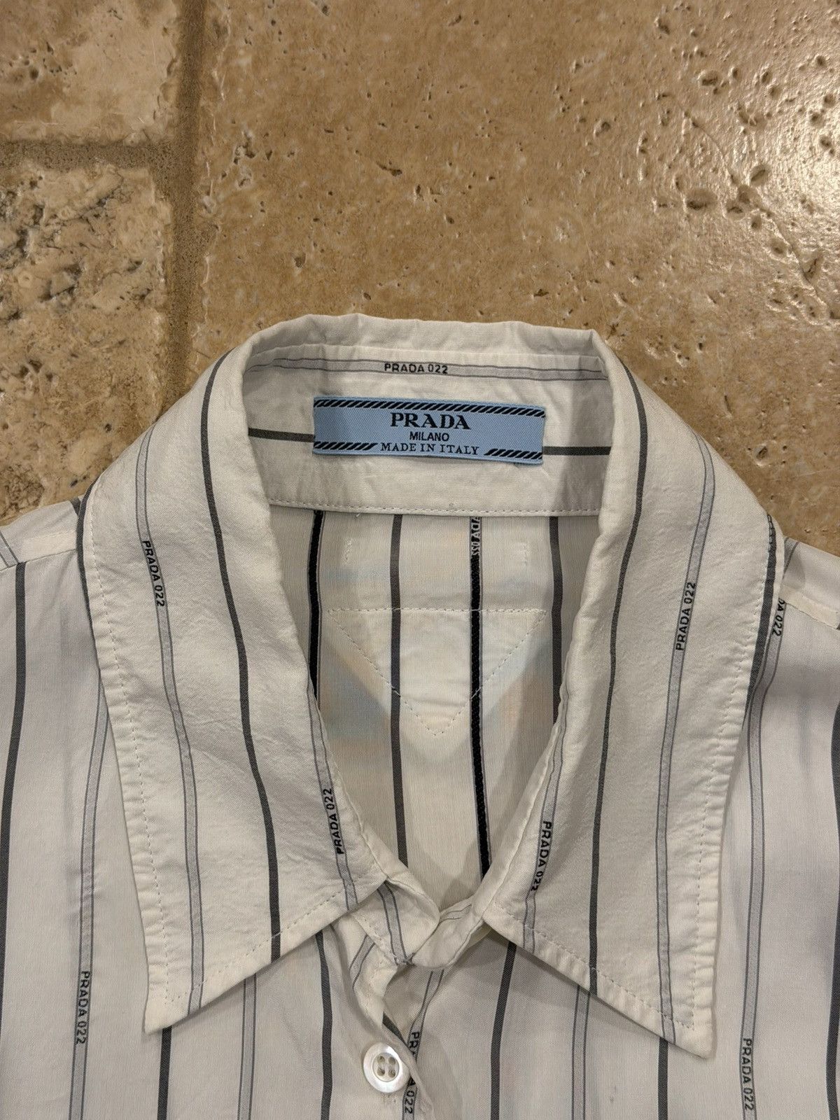 Prada Prada Raf Simons 2022 Logo Stripe White Silk Button Up Shirt Size US XL / EU 56 / 4 - 10 Thumbnail