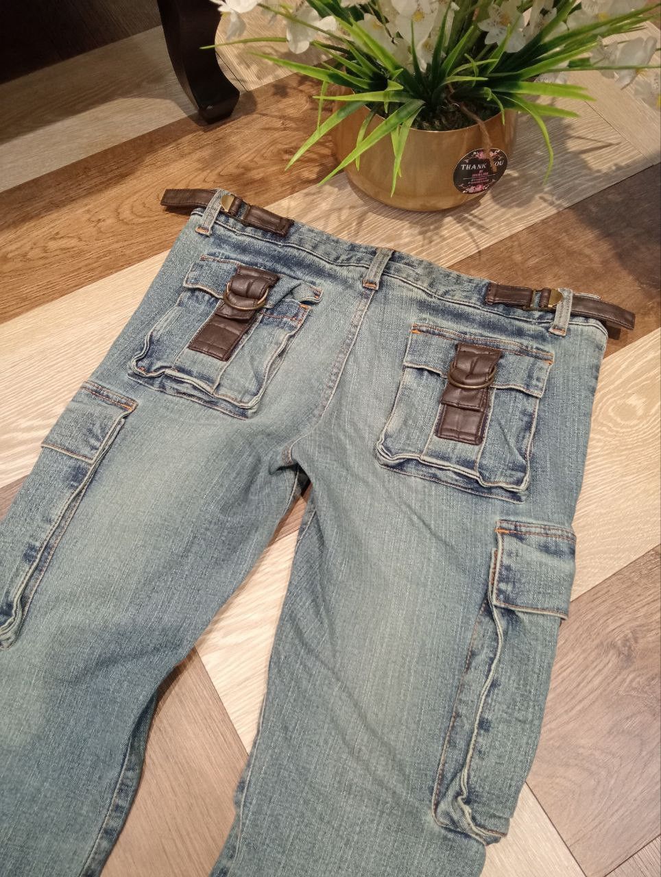 If Six Was Nine TEA FOR TWO JAPAN FLARED STRETCH CARGO ANKLE ZIP JEANS Size US 31 - 11 Thumbnail