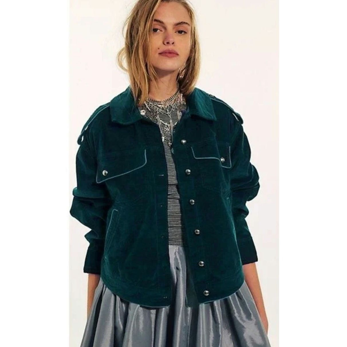 Free People New We The Free Officer Velvet Jacket $198 X-SMALL Green Size XS / US 0-2 / IT 36-38 - 1 Thumbnail