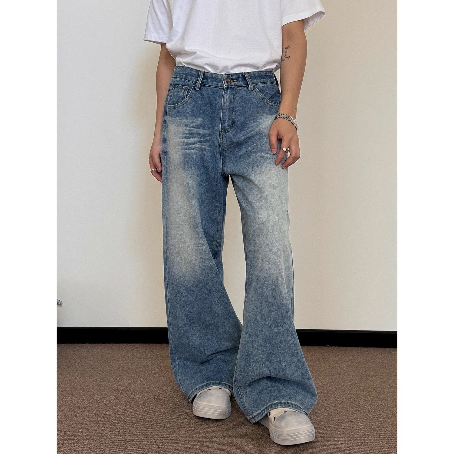 Japanese Brand Male whiskers baggy straight leg washed jeans Size US 32 / EU 48 - 1 Thumbnail