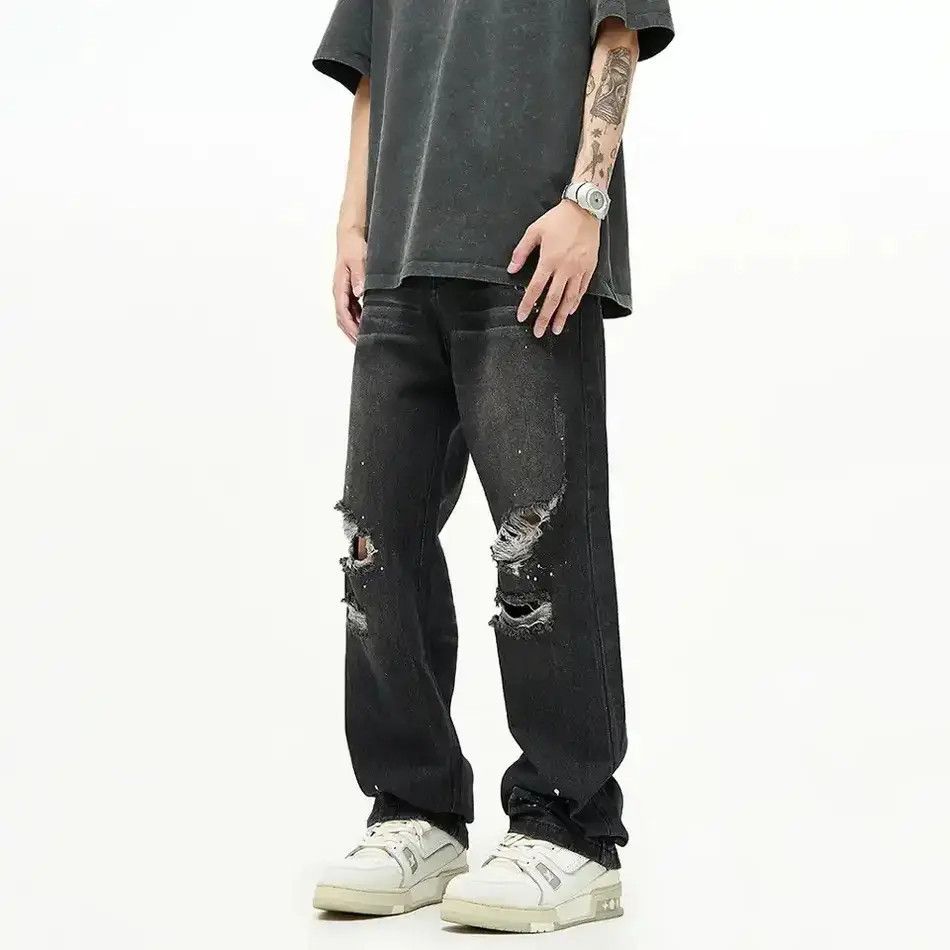 Japanese Brand Ripped Jeans Men Y2k Street Baggy Summer Black Size US 32 / EU 48 - 3 Thumbnail