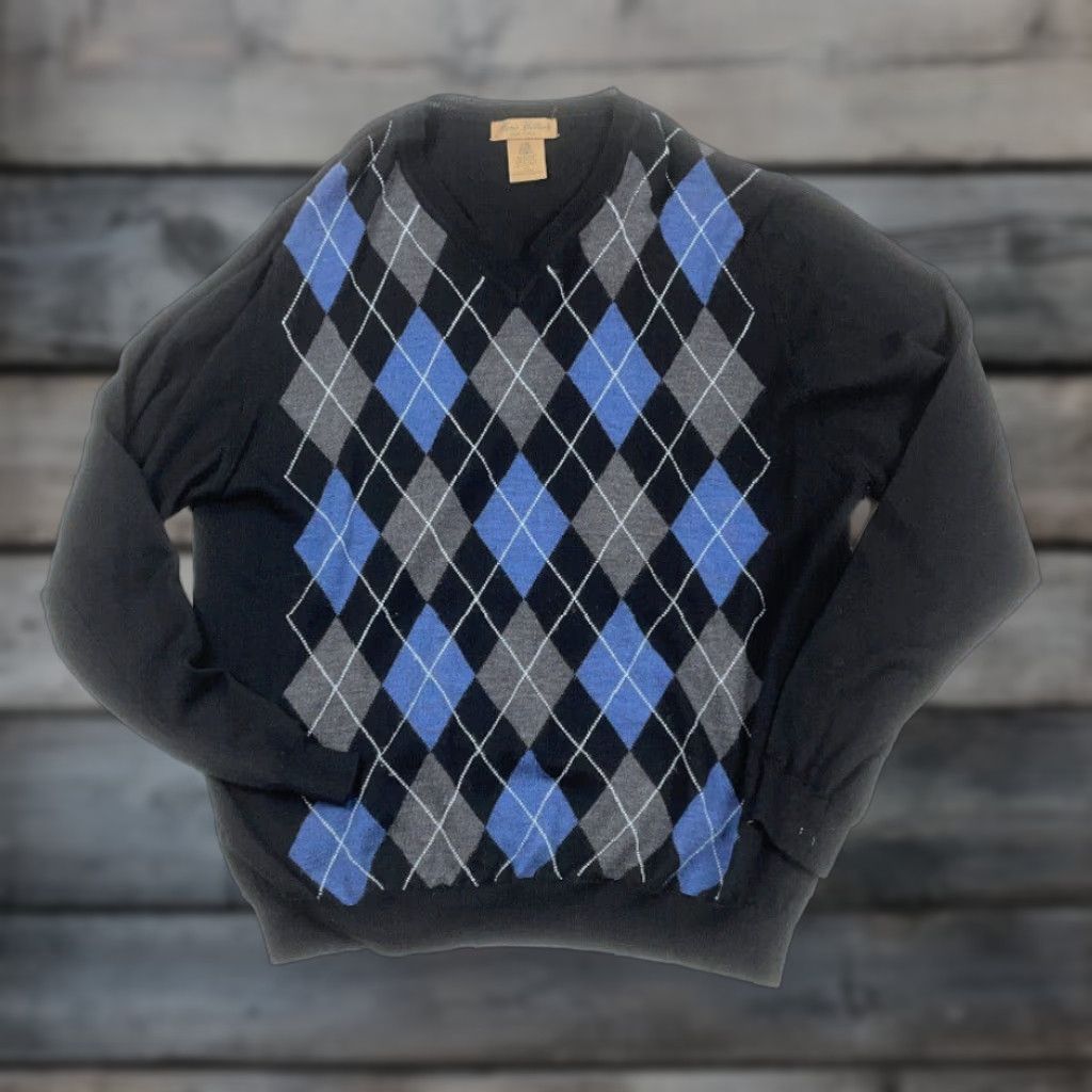 Vintage VINTAGE Mario Gilberti Diamond Argyle Wool Sweater Adult XL Black V-Neck Hole (Lightweight) Size US XL / EU 56 / 4 - 1 Thumbnail
