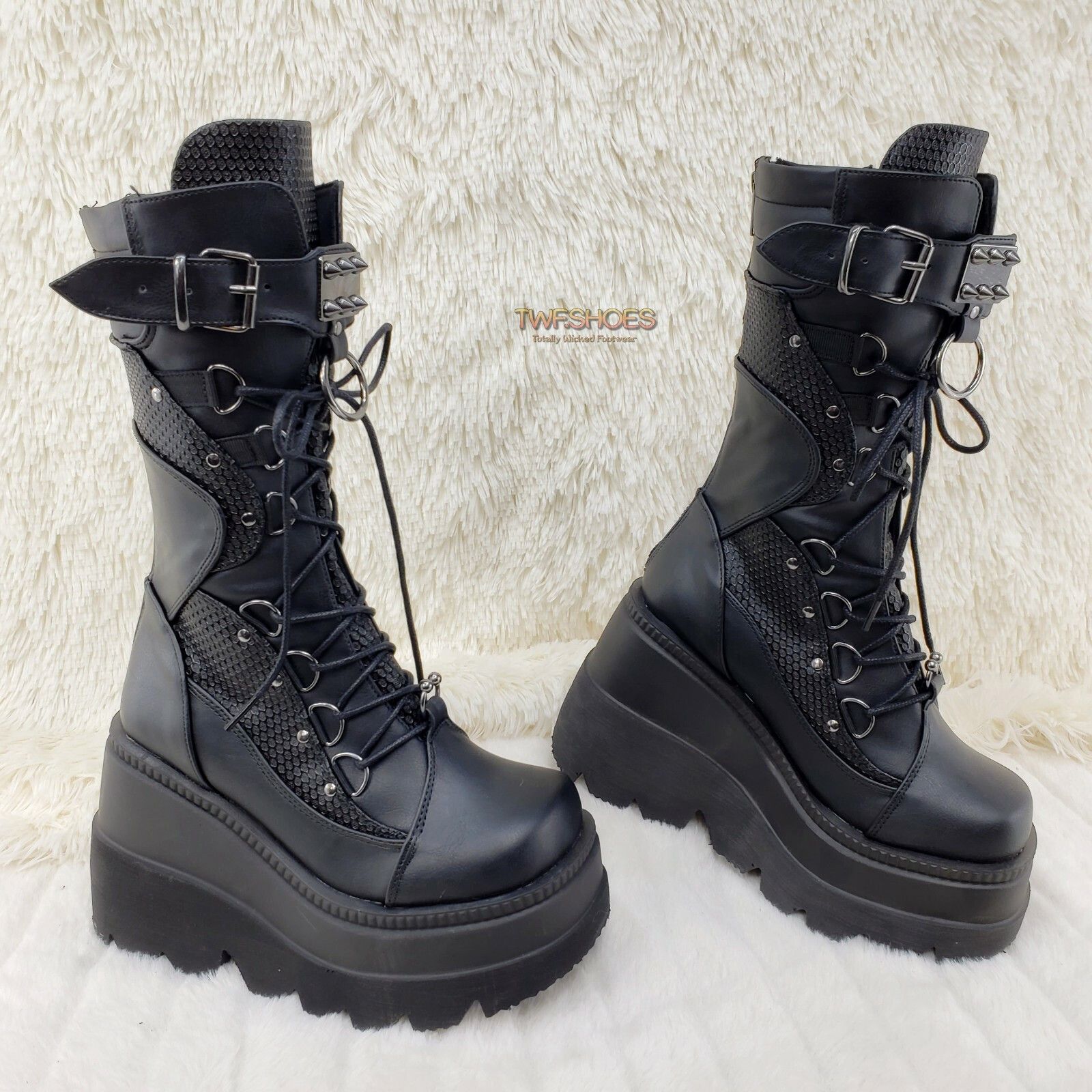 Demonia Cult DEMONIA Shaker 70 Black Platform 4.5" Wedge Mid Calf Goth Pu Size US 11 / IT 41 - 3 Thumbnail