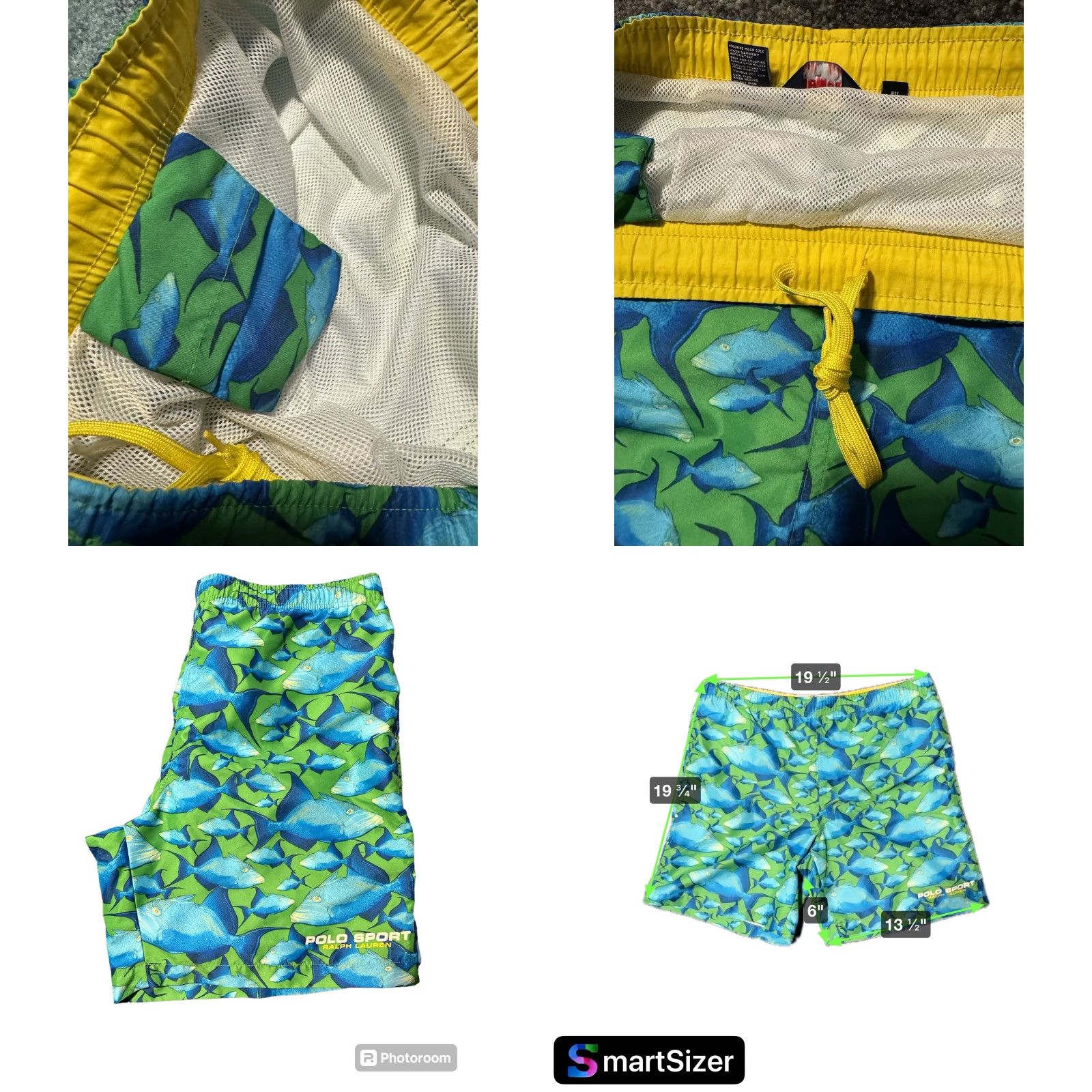 Polo Ralph Lauren VINTAGE Ralph Lauren Polo Sport Fish Print Swim Trunks L Blue Green Trunks Mens Back Pocket Lightweight Pockets 100% Polyester Size US L / EU 52-54 / 3 - 8 Thumbnail