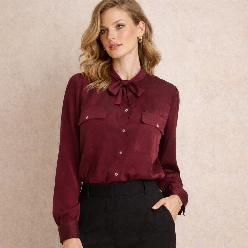 Vintage Vintage 80s Anne Pinkerton Burgundy Tie Neck Blouse M Size M / US 6-8 / IT 42-44 - 1 Thumbnail