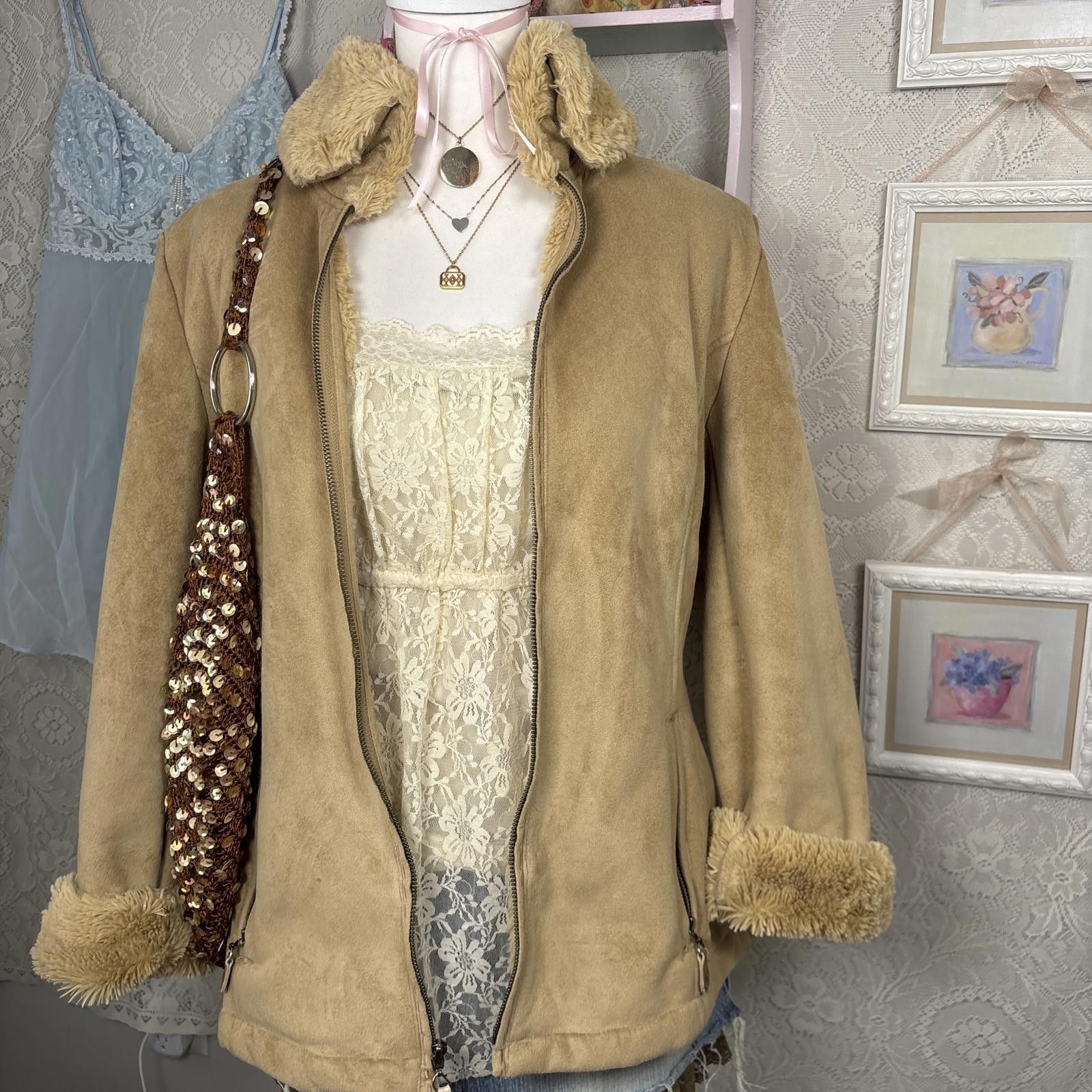 Other vintage fur trim suede jacket zip up Size L / US 10 / IT 46 - 3 Thumbnail