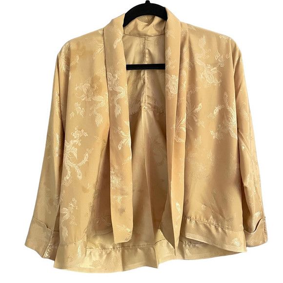 Handmade Vintage Beige Silky Brocade Open Kimono Robe Jacket - Small Size S / US 4 / IT 40 - 8 Thumbnail