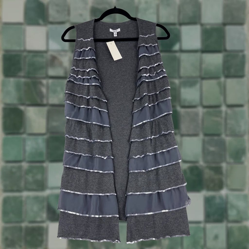 Vintage Cache Cardigan Womens S Gray Sequin Lace Tiered Open Front Sleeveless New Size S / US 4 / IT 40 - 1 Thumbnail