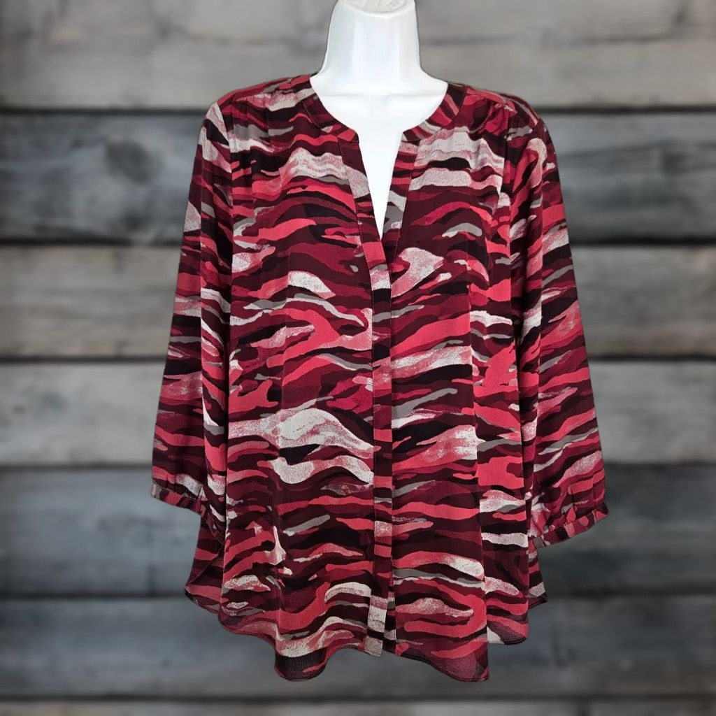 NYDJ VINTAGE NYDJ Womens Button Front Top 3/4 Sleeve Blouse Size L Red Gray Camo Womens Size L / US 10 / IT 46 - 1 Thumbnail