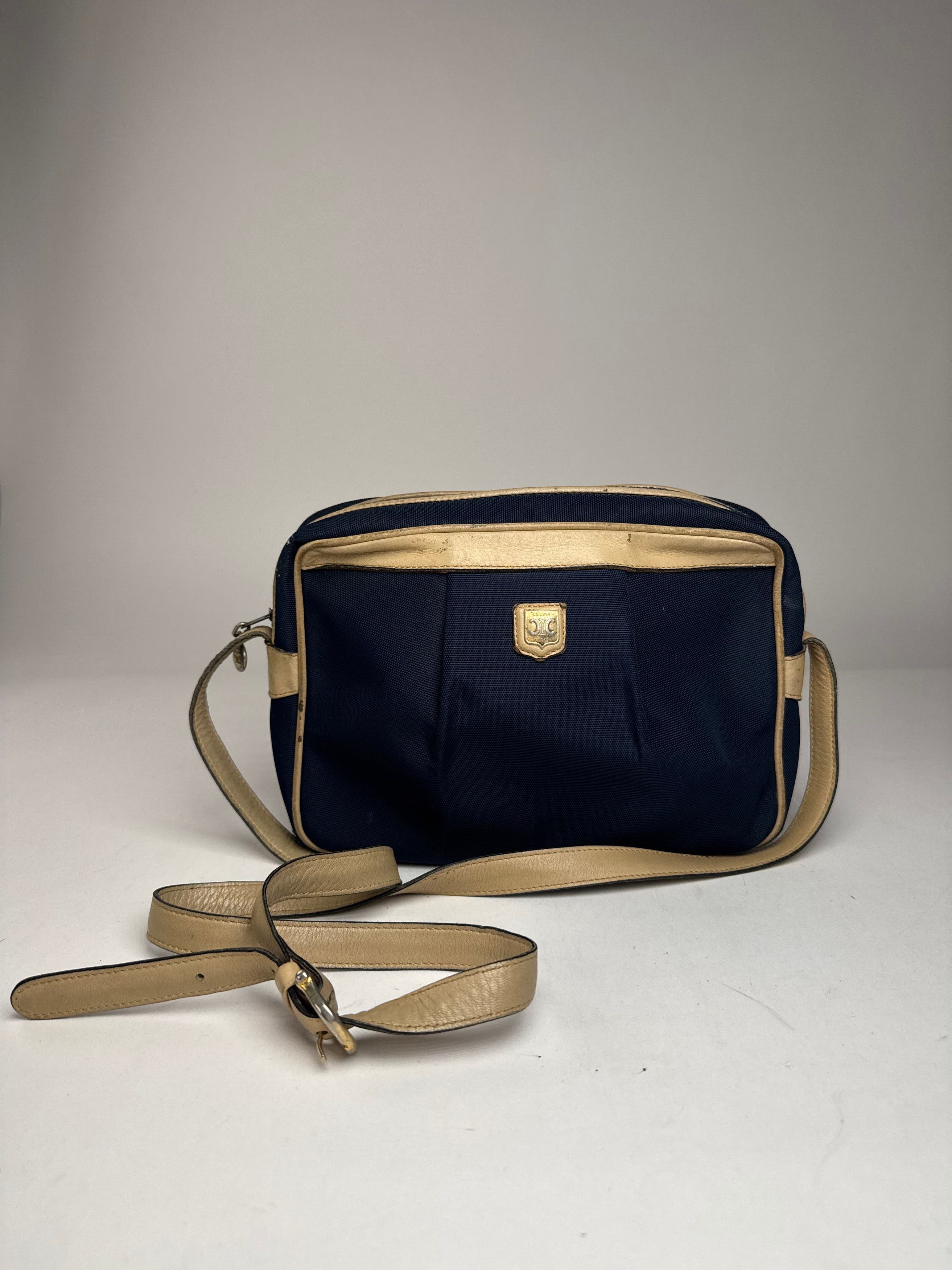 Celine Vintage Triomphe Shoulder Leather Polyester Bag Navy Gold Size ONE SIZE - 1 Thumbnail