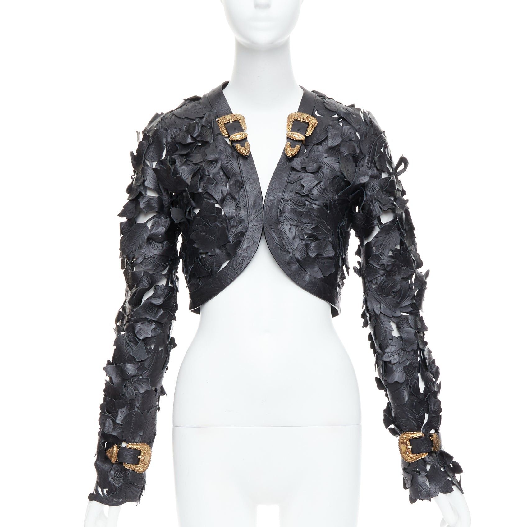 rare ALEXANDER MCQUEEN 2011 Runway black floral laser cut cropped leather jacket IT40 S