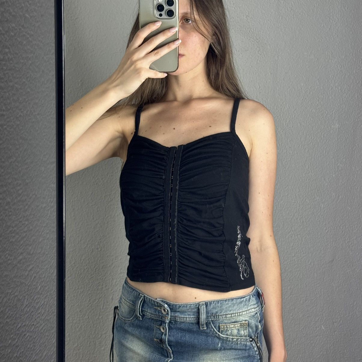 Blumarine × Designer × Japanese Brand Blumarine Crop Top Blouse Black Rhine Stone Logo Y2K Size S / US 4 / IT 40 - 2 Thumbnail
