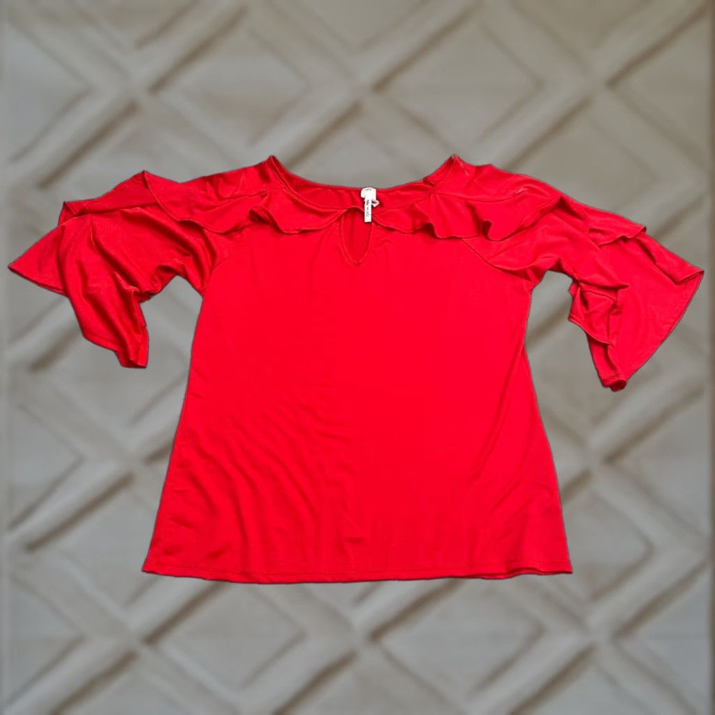 Bell New Mode Blouse Shirt Womens 2XL Red Bell Sleeve Boat Neck Casual Stretch Knit Polyester Spandex Short Sleeve Adult Regular Womens Size XXL / US 16-18 / IT 52-54 - 1 Thumbnail