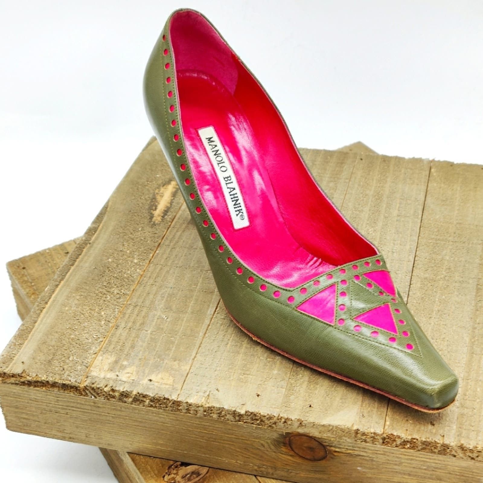 image of Vintage Manolo Blahnik / Army Green & Fuschia / Size 6 Us Shoes, Women's