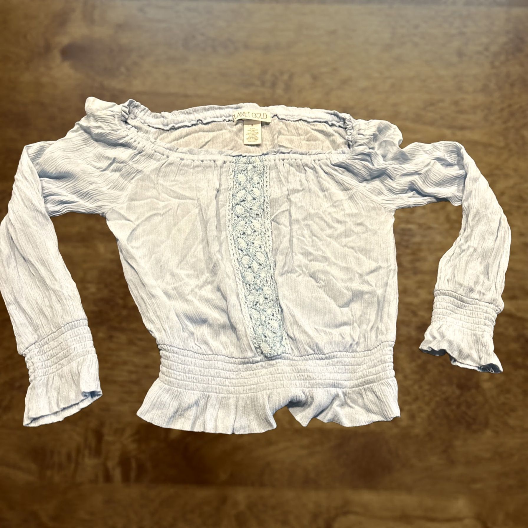 Vintage Planet Gold Light Blue Cropped Lace Detail Long Sleeve Blouse S Women Gyms Casual Size S / US 4 / IT 40 - 1 Thumbnail