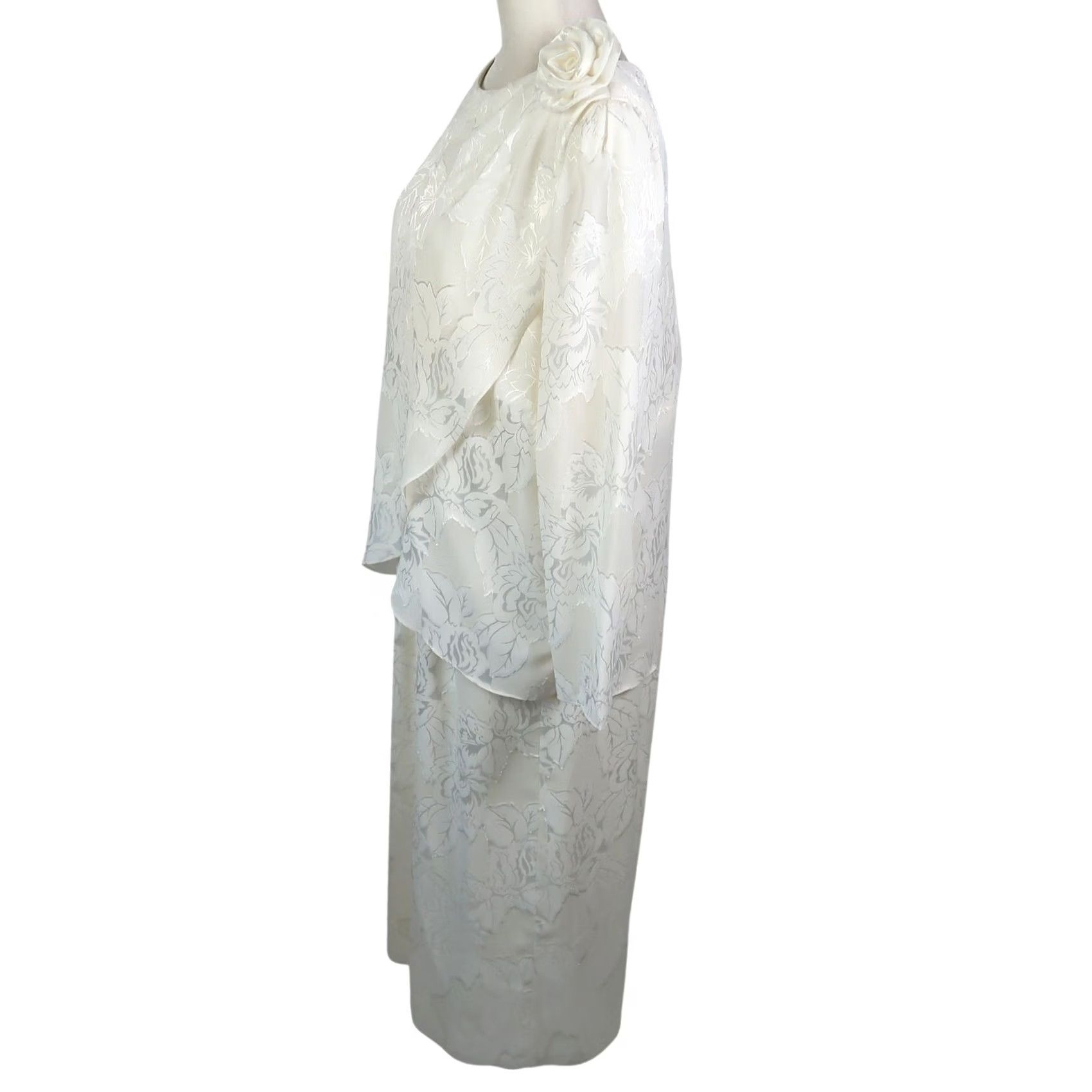 Vintage Vintage 80s Cream Floral Satin Layered Look Midi Cocktail Dress 12 Size XL / US 12-14 / IT 48-50 - 3 Thumbnail