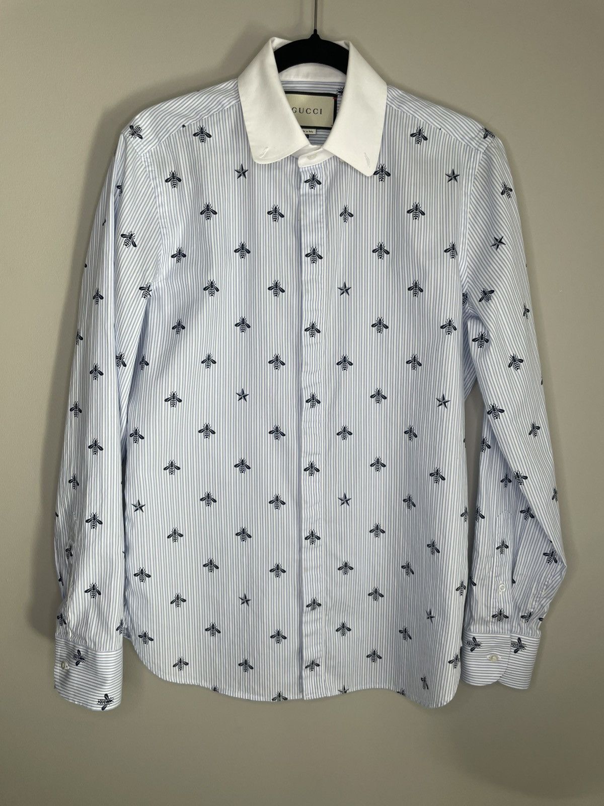 Gucci Bee Motif Striped Shirt – Size 39 / 15.5