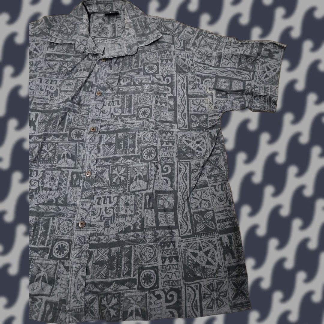 ALOHAS Kai-Veikau Fiji Shirt Mens XL Gray Hawaiian Aloha Tribal Tapa Print Button Up Size US XL / EU 56 / 4 - 1 Thumbnail