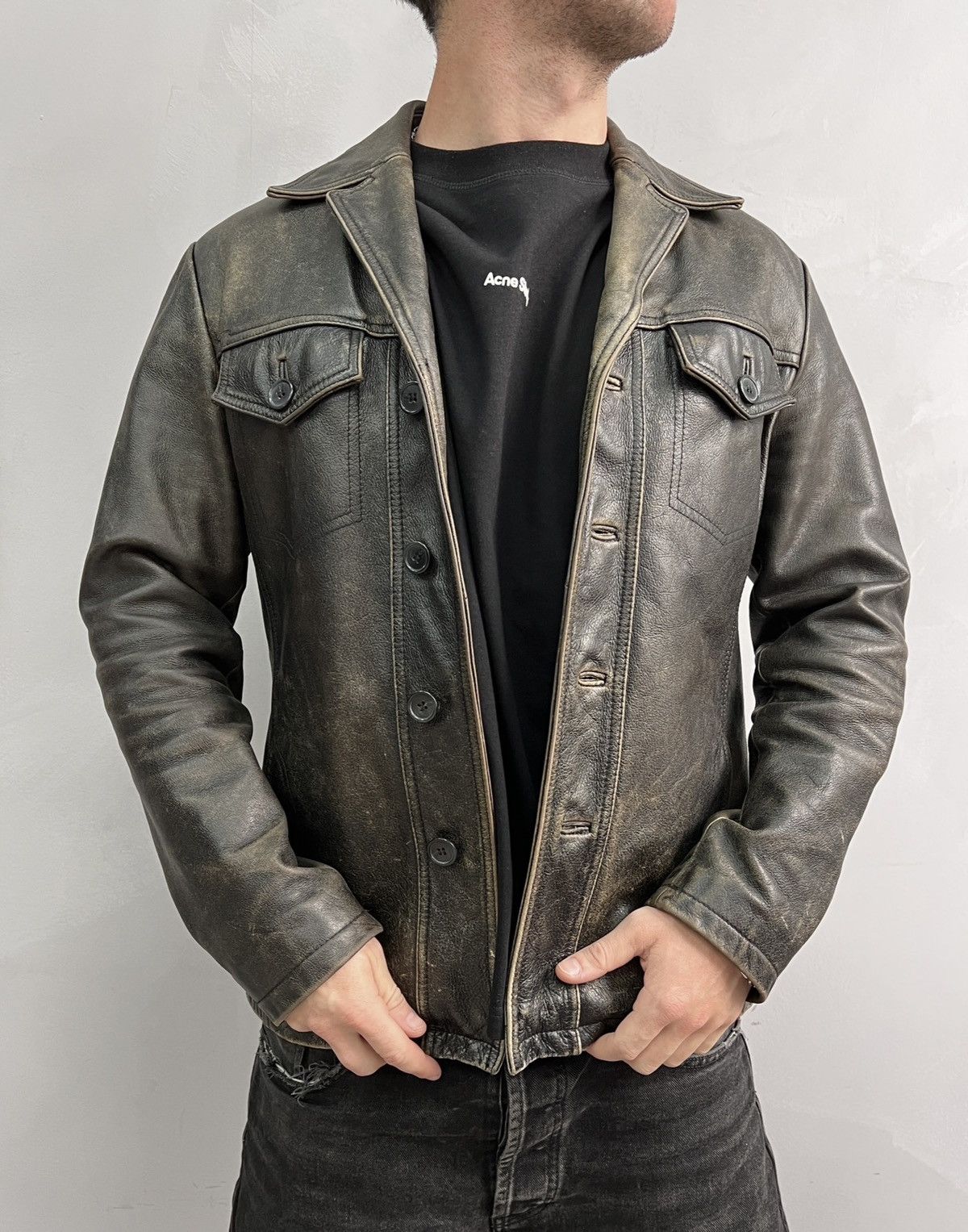 Genuine Leather Y2K button up 90s avant GARDE retro leather jacket Size US S / EU 44-46 / 1 - 1 Thumbnail