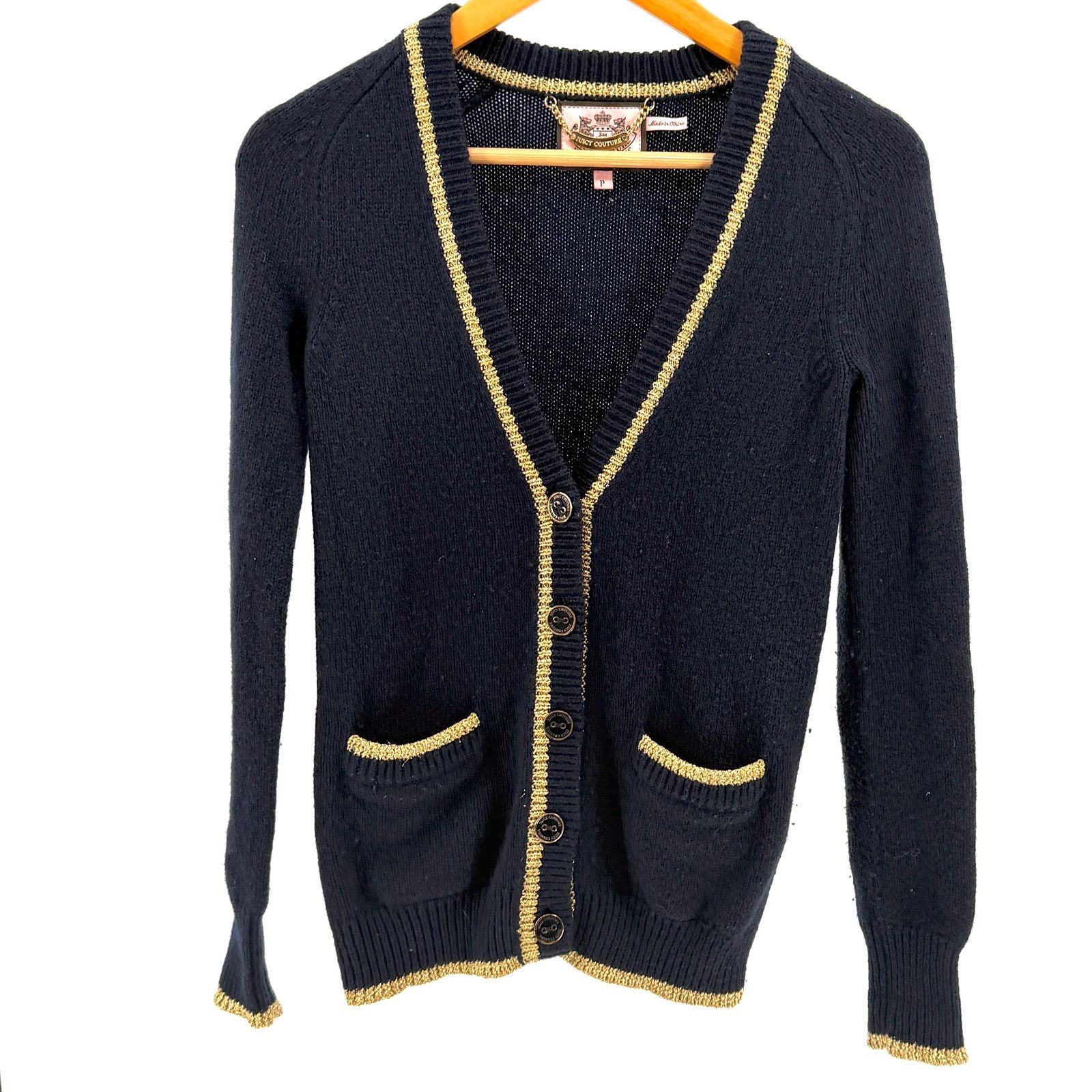 Juicy Couture Vintage Y2K Navy Blue Preppy Gold Metallic Trim Cardigan Size S / US 4 / IT 40 - 1 Thumbnail