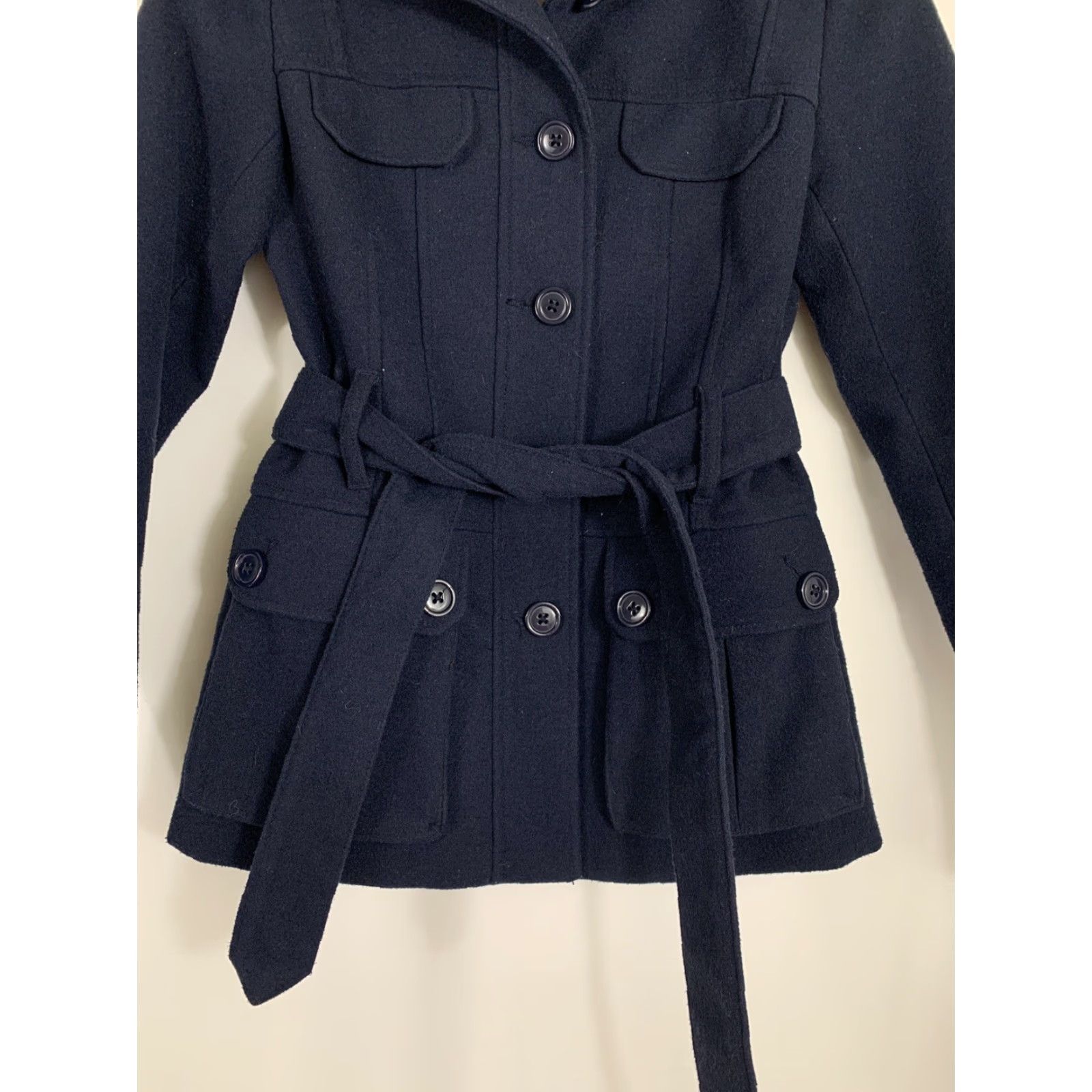 H&M HM Womens Size 4 Navy Blue Belted Button Up Pea Coat Ribbed Winter Jacket Size S / US 4 / IT 40 - 3 Thumbnail