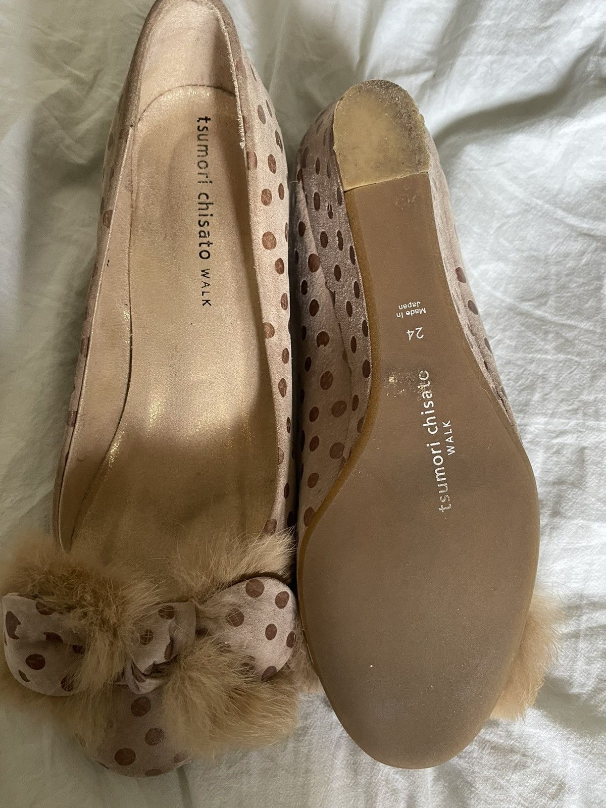 Issey Miyake Tsumori Chisato Tan polka dot wedge heels with faux fur bows Size US 7 / IT 37 - 6 Thumbnail