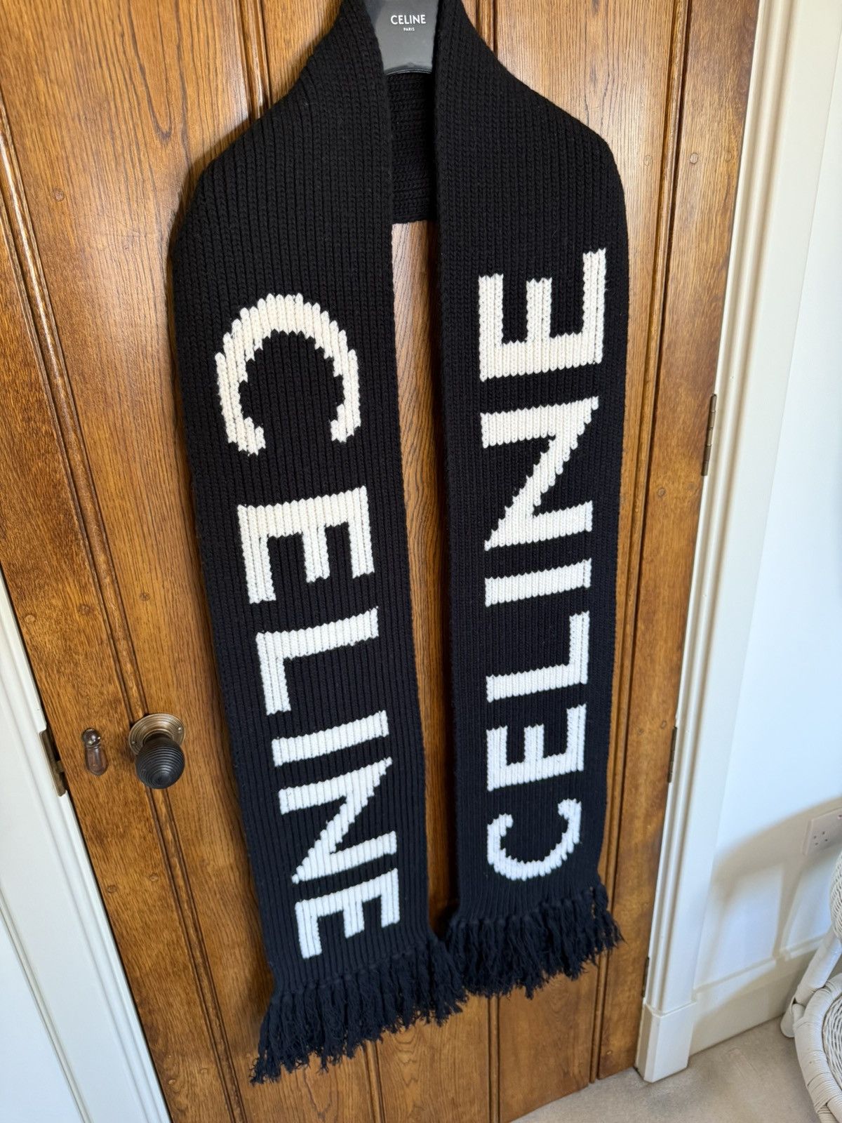 Celine $850 Celine black white logo scarf fringed in wool Sample Size ONE SIZE - 1 Thumbnail