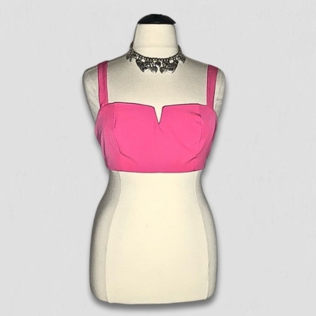 Vintage Y2K V-Front Crop Top Back Zipper Stretch Fabric Hot Pink 14 Size XL / US 12-14 / IT 48-50 - 2 Thumbnail