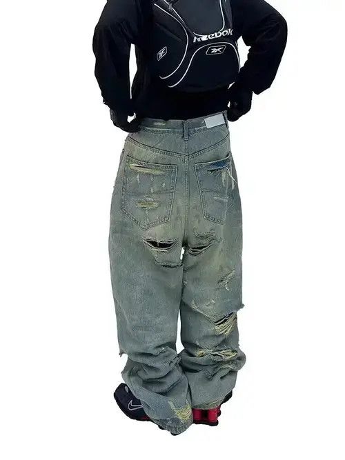 VIBE Retro washed distressed double layer large hole tassel jeans Size US 32 / EU 48 - 2 Thumbnail