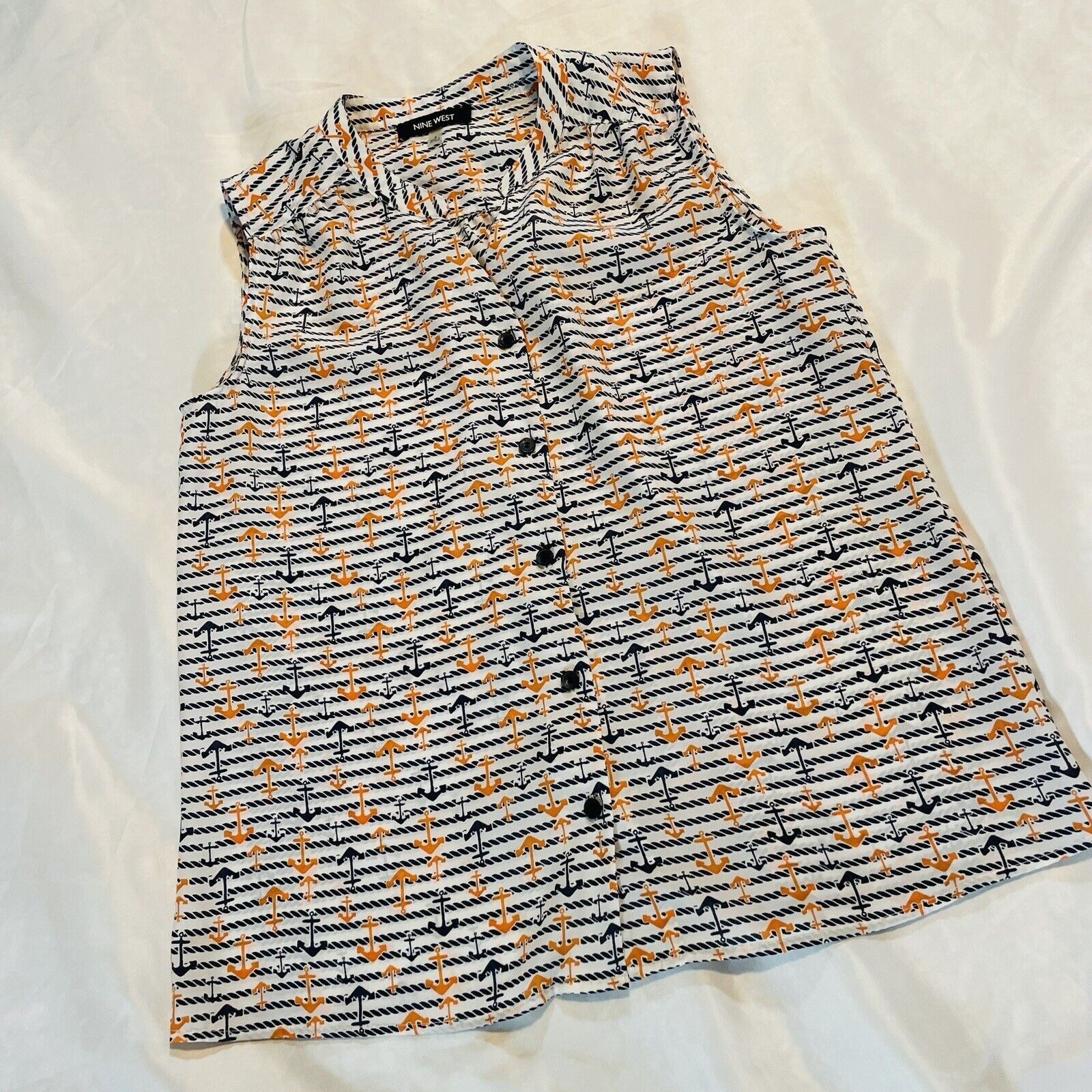 Nine West Nine West Womens 4 Blouse Tank Navy White Orange Anchors Lig Size S / US 4 / IT 40 - 1 Thumbnail