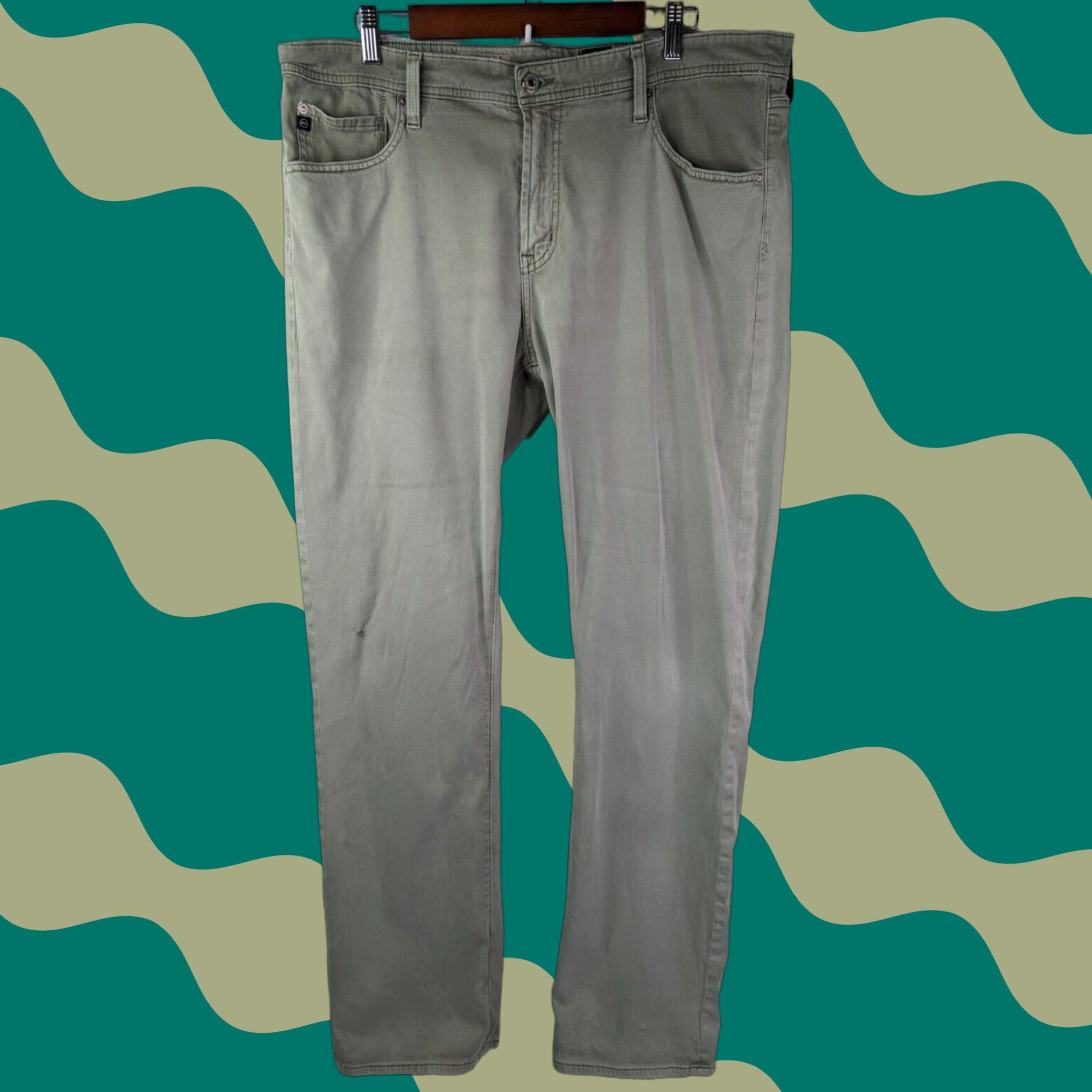 Vintage AG Adriano Goldschmied The Protege Straight Jeans Mens 40 Green 5-Pocket Regular Fit Denim Distressed Comfort Zipper Belt Loops Inseam 34 Size US 40 / EU 56 - 1 Thumbnail