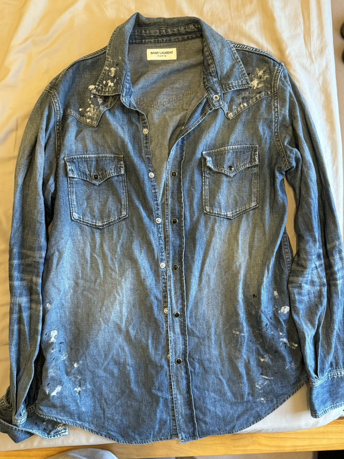 Saint Laurent Paris Saint Laurent Paint Splatter Denim Shirt Size US M / EU 48-50 / 2 - 8 Thumbnail