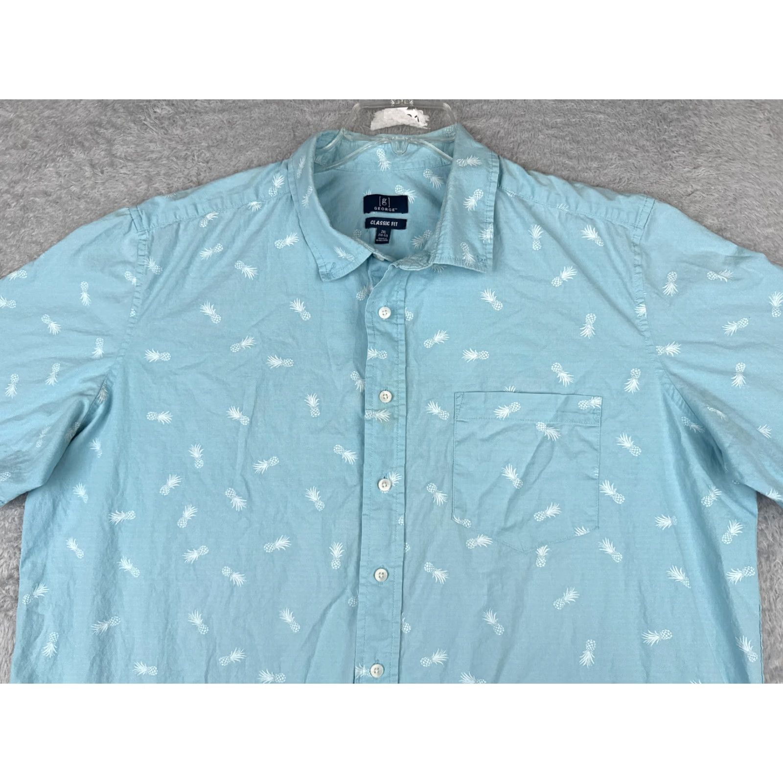 George George Shirt Adult 2XL Blue Pineapple Cotton Blend Hawaiian Classic Fit Button-Up Short Sleeve Mens Size US XXL / EU 58 / 5 - 6 Thumbnail