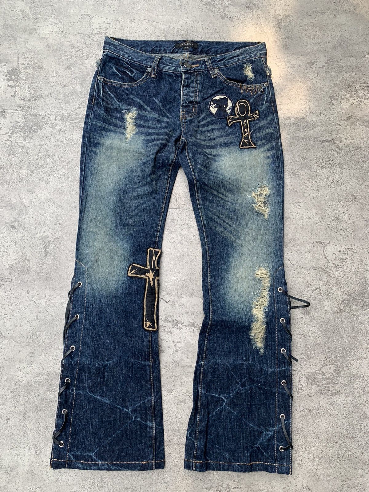 Pre-owned If Six Was Nine X Tornado Mart Civarize Distressed Lace Up Flare Jeans In Washed Blue
