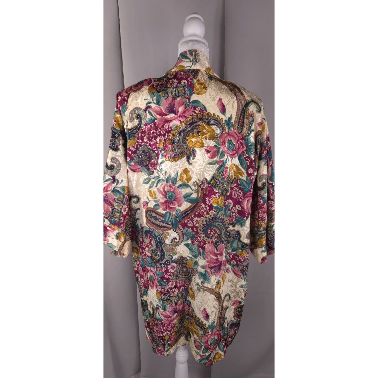 Vintage Womens Robe Medium Floral Paisley Satin Kimono Short Retro Lounge Wear