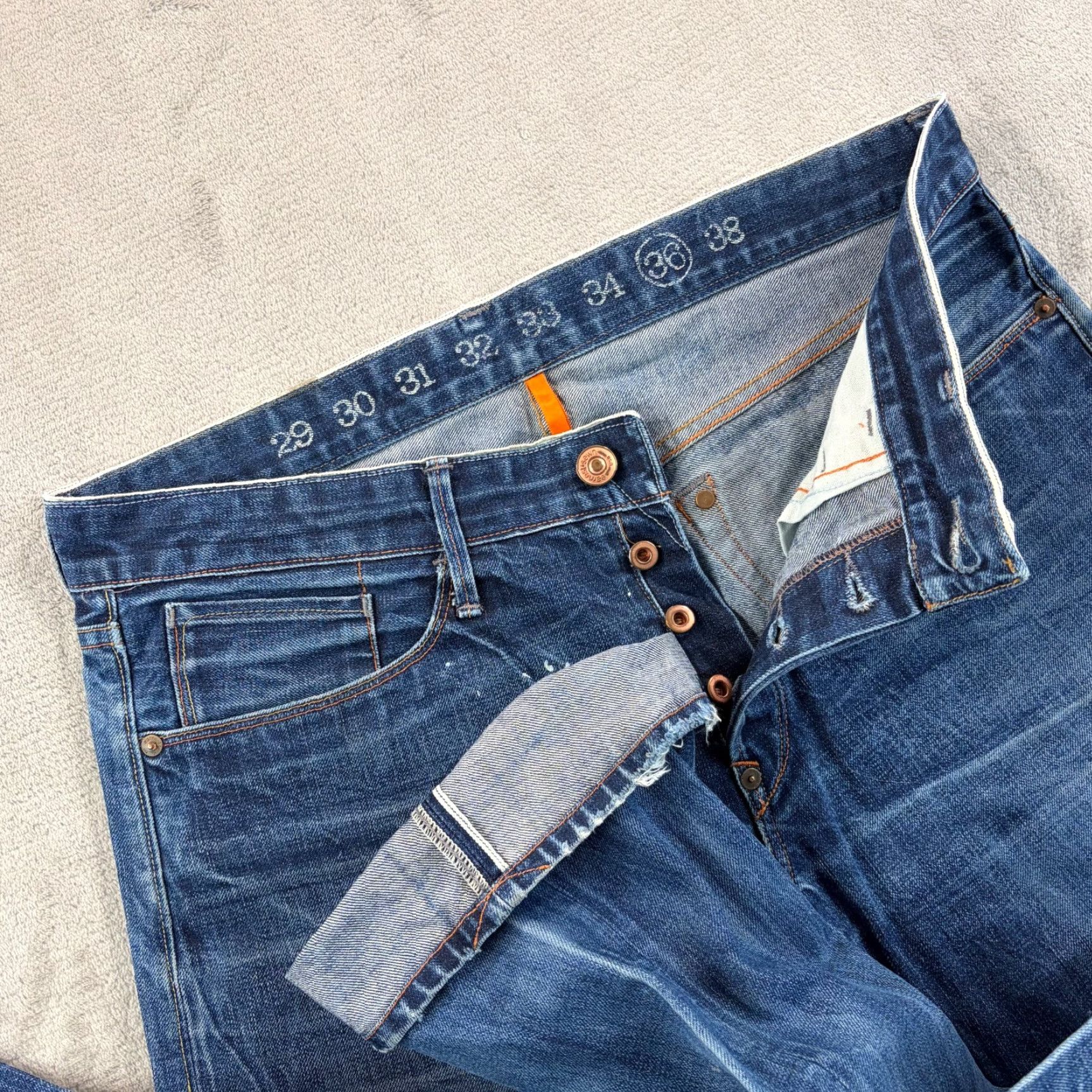 Denime VINTAGE Earnest Sewn Jeans Selvedge Denim Distressed Blue 5-Pocket Straight Regular Mens 36x34 USA Jeans Size US 36 / EU 52 - 2 Thumbnail