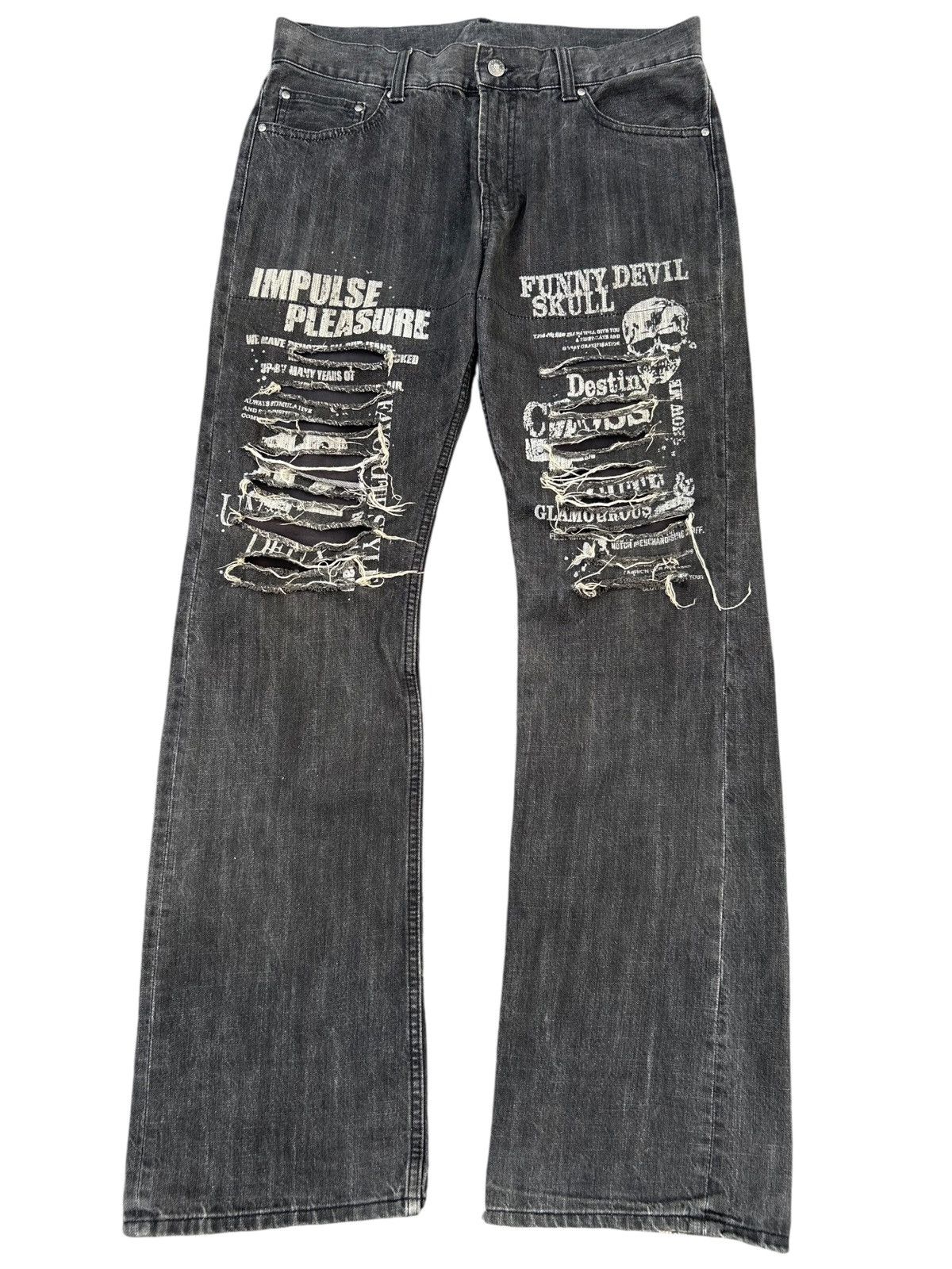 If Six Was Nine FLARE FUNNY DEVIL SKULL IMPULSE PLEASURE DISTRESSED DENIM Size US 34 / EU 50 - 1 Thumbnail