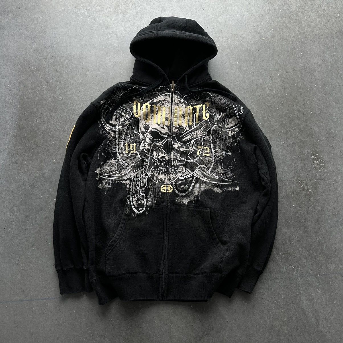 image of Crazy Vintage Y2K Affliction Style Hoodie Skull Goth Skater in Black, Men's (Size XL)