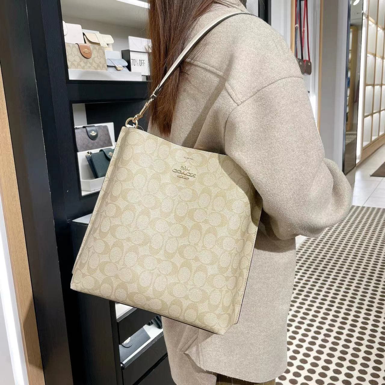 image of Coach Ca561 Mollie Bucket Bag Signature Canvas Light Khaki in Cream, Women's