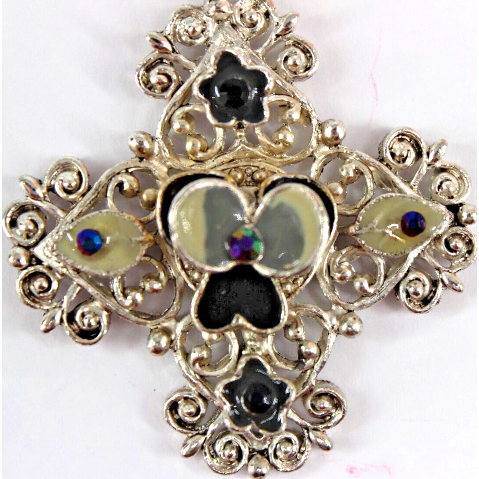 Other Silvertone Enamel Pansy AB Rhinestone Cross Necklace 24" Size ONE SIZE - 3 Thumbnail