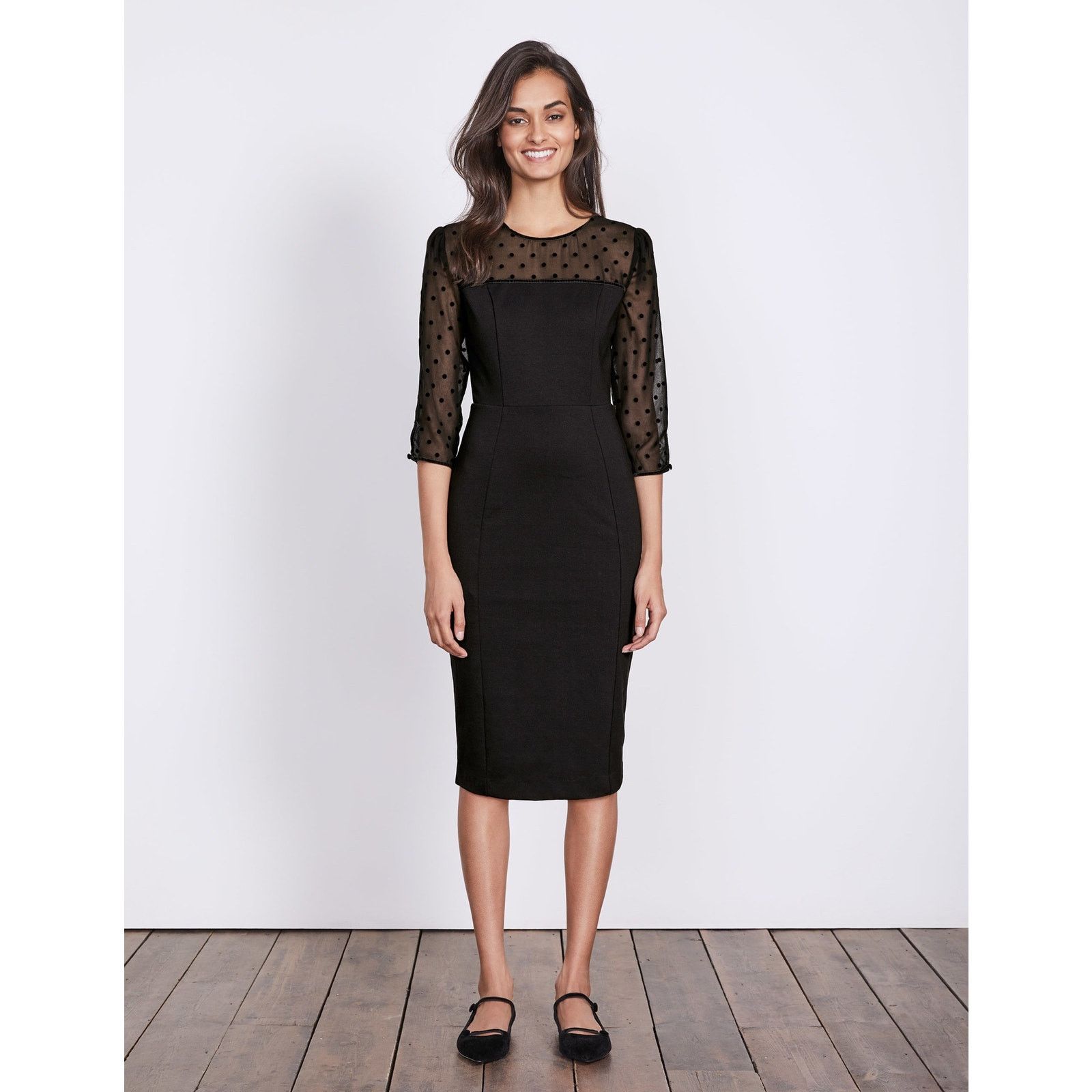 Boden Boden Isabella Black Ponte Polka Dot Mesh Sheath Midi Dress | Grailed
