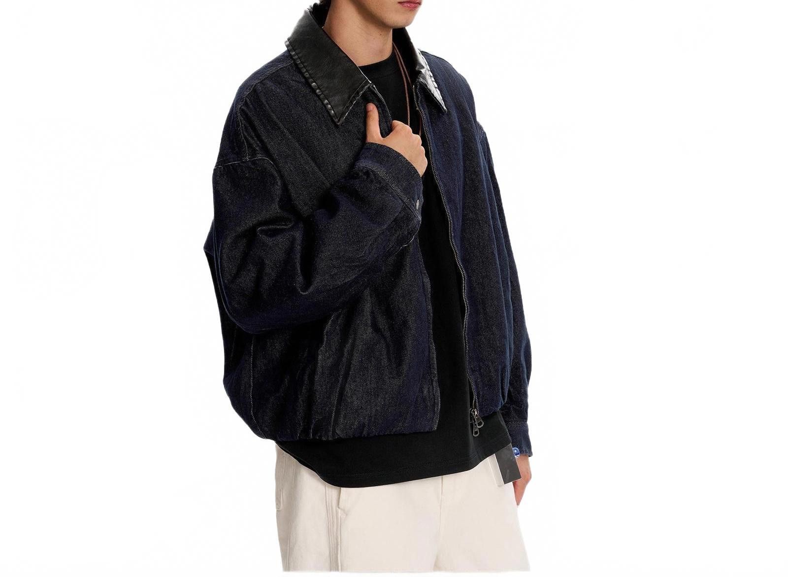 Jean Black Oversized Denim Jacket with Leather Collar Size US M / EU 48-50 / 2 - 4 Thumbnail