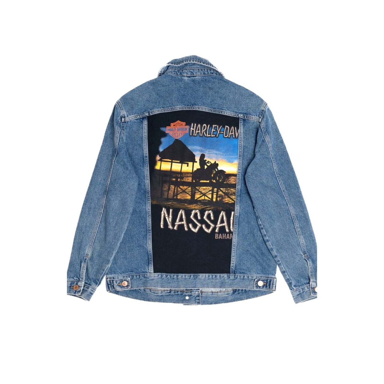 New Look VINTAGE Upcycled Harley Davidson Sunset Back Patch Denim Jacket Shirt Mens Large Blue 2010s New Look Ragstock Size US L / EU 52-54 / 3 - 2 Thumbnail