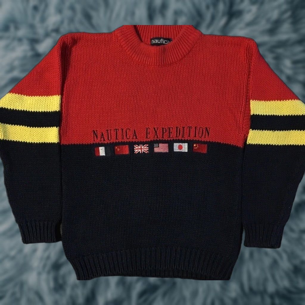 VINTAGE Nautica Expedition Colorblock Knit Sweater XS Men Flag 90s 80s Blue Red Yellow Nautical Pullover Knit Pattern Striped