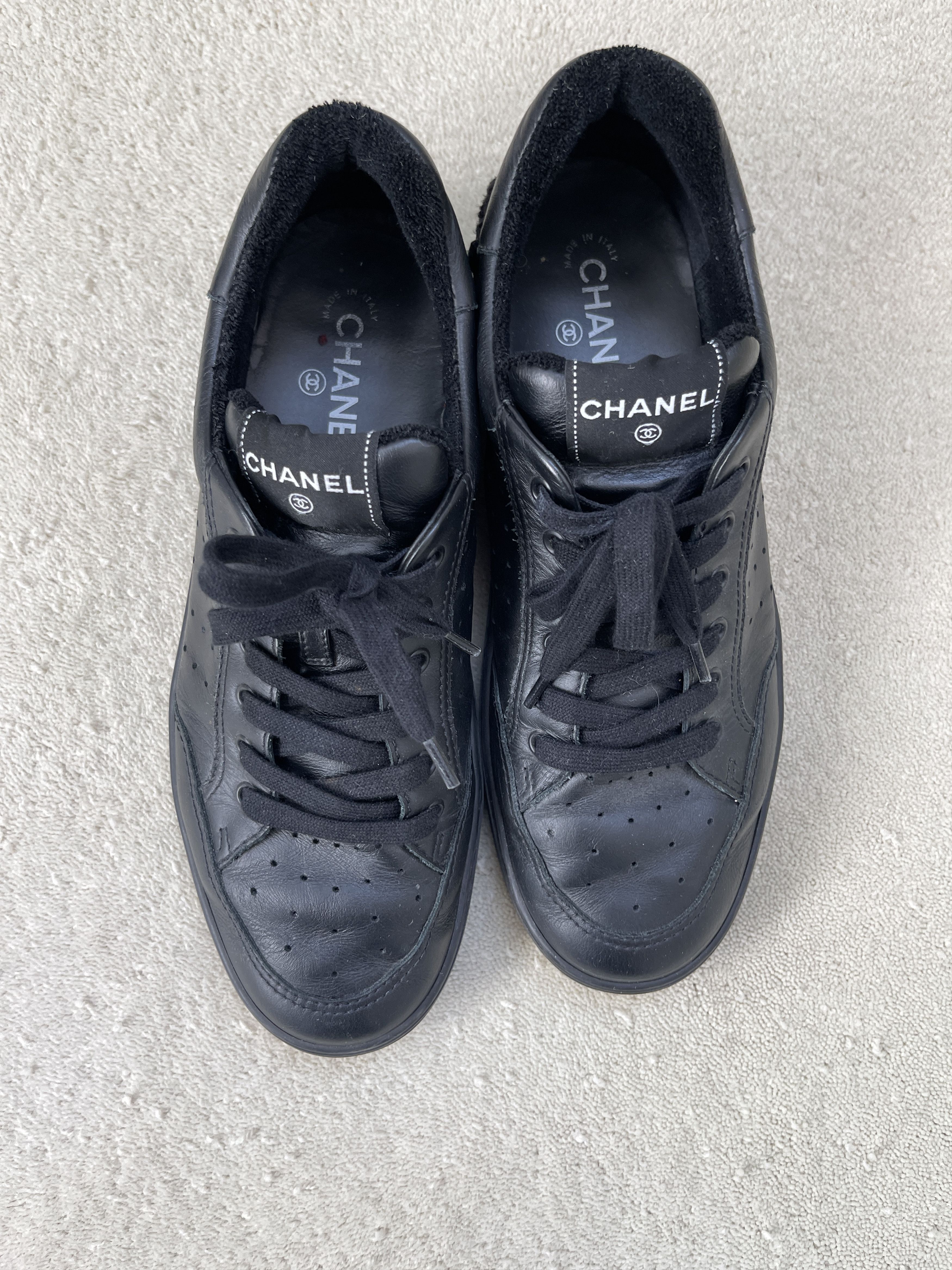image of Chanel Low Top Black Leather Men's Sneakers - Excellent (Size 11)