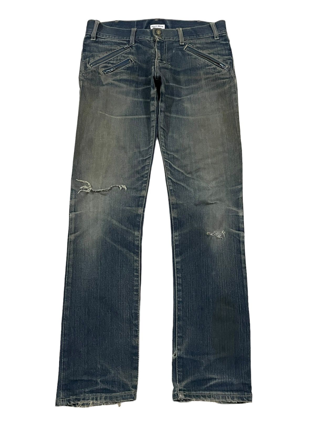 If Six Was Nine Vtg Japanese Multi Zip Bondage Style Mud Wash Ripped Jeans Size US 33 - 3 Thumbnail